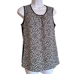 Women's lrg floral career blouse top black white sleeveless ANNE KLEIN